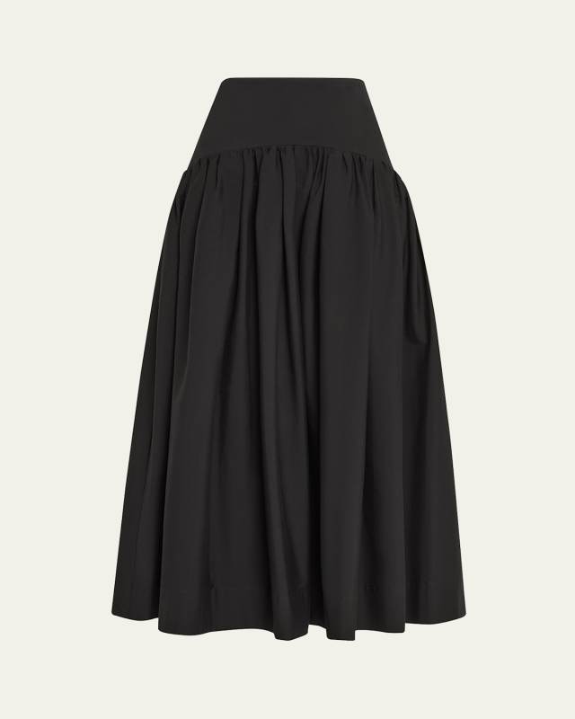 Drop-Waist Gathered Cotton Poplin Midi Skirt
